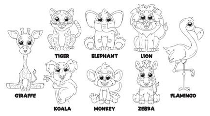 Cartoon African Animals Characters Isolated Outline Monochrome Vector Icons Set. Giraffe, Tiger, Lion, Elephant, Koala