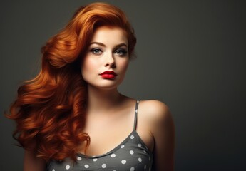 Naklejka premium A photo of a woman with vibrant red hair wearing a polka dot top.
