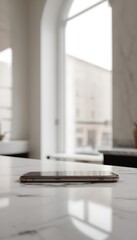 A polished marble countertop with a sleek smartphone
