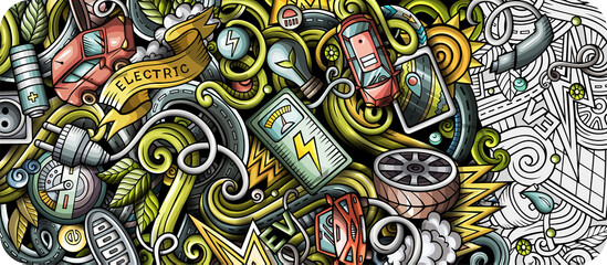 Electric cars сartoon funny banner illustration - obrazy, fototapety, plakaty