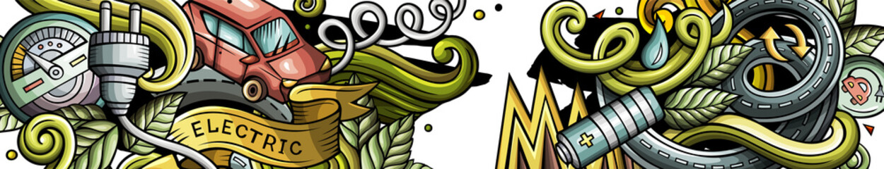 Electric cars сartoon funny banner illustration