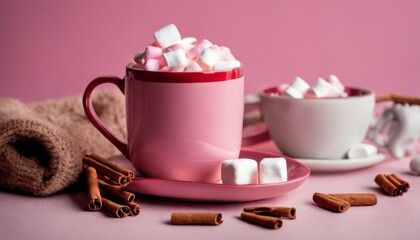 Obraz na płótnie Canvas A pink cup with marshmallows and cinnamon sticks