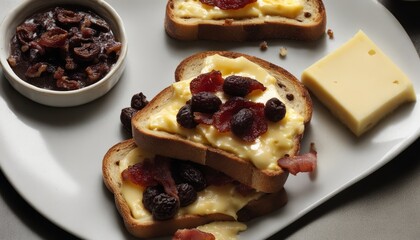 A white plate with toast, cheese, and jelly