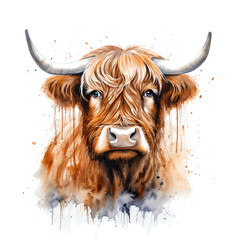 A highly detailed and expressive digital painting of a Highland cow, enhanced with dynamic watercolor splashes. - 733250673