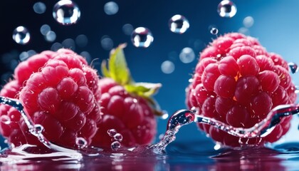 Two raspberries with water droplets on them