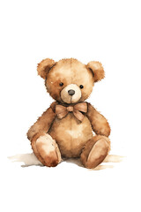 Cute teddy bear isolated on white background, digital watercolour of a retro style soft toy with bow. - 733250879