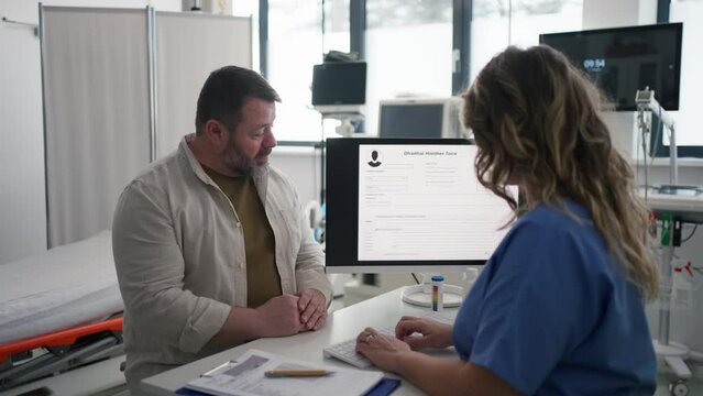 Doctor consulting with overweight patient, discussing test result and x-ray scans in doctor office. Concept of health risks of overwight and obesity.