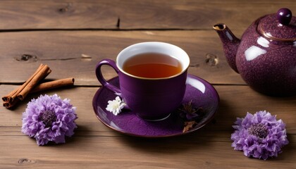 A purple tea cup with a purple teapot and purple flowers - Powered by Adobe