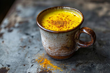 Сeramic mug of turmeric latte on grey concrete background, soft light.