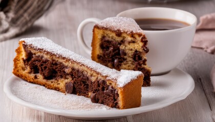 A piece of cake on a plate with powdered sugar and a cup of coffee