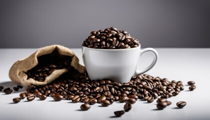 Fototapeta premium A cup of coffee with a bag of coffee beans on the table