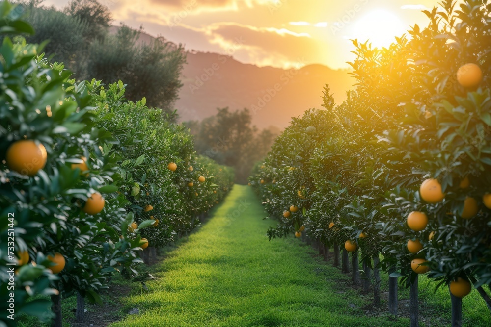 Poster a captivating view of a field filled with orange trees as the sun sets in the background.