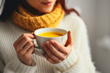 Young woman in white sweater with turmeric latte in her hands close-up, healthy drink in cold time or golden milk for health and beauty