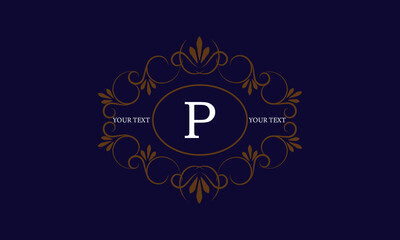 Logo template with monogram element and letter P in the center. Sophisticated ornament for restaurant, club, boutique, cafe, hotel cards. Vector illustration
