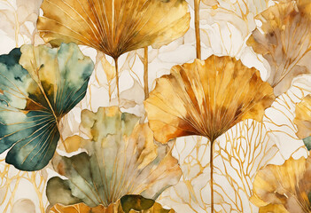 Gold and white Ginkgo leaves background - AI generated