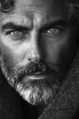 Close-up black and white portrait of a mature man with a beard. Poster.