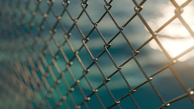 3D-rendered video of a chain link fence with the background of emerald, green moving ocean