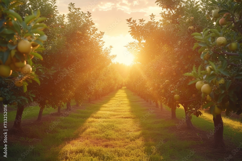 Poster the sun casts a warm glow as it shines through the citrus trees in an orchard.