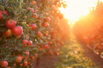 A row of trees filled with an abundance of red apples, showcasing the vibrant fruit on the branches. - obrazy, fototapety, plakaty
