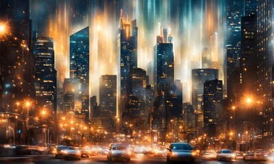Abstract cityscape at night with futuristic financial elements