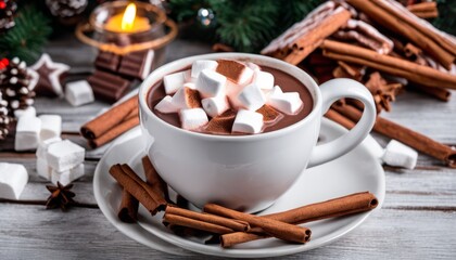 Obraz na płótnie Canvas A cup of hot chocolate with marshmallows and cinnamon sticks