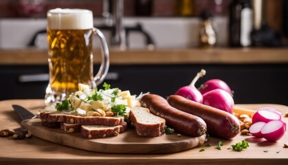 A wooden cutting board with a beer and hot dogs