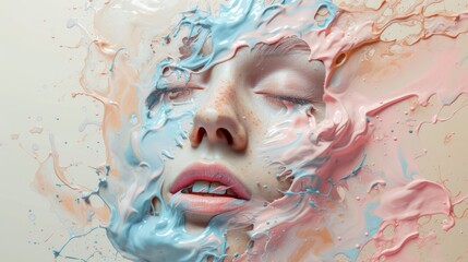Face of a young woman in pastel colors paint splashes. Splashes of colored liquid around a female's head
