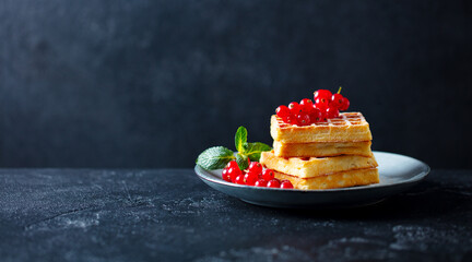 Belgian waffles with fresh red currant berries. Dark slate background. Copy space.