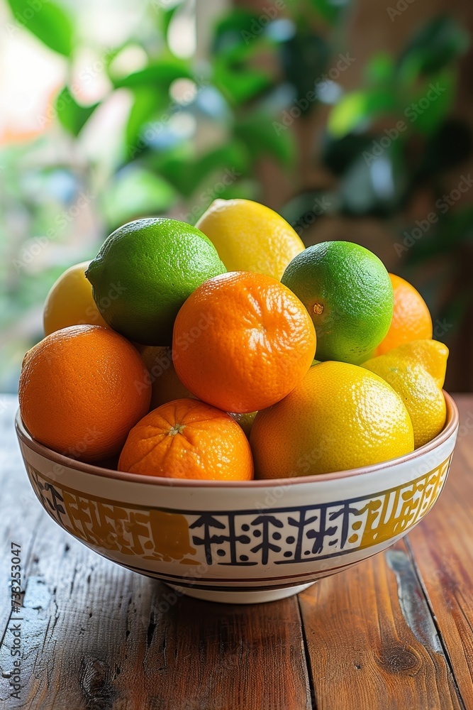 Poster a bowl filled with oranges and limes placed on a table.