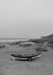 Beach Photography Marske By The Sea Image Boat on Beach Poster Print Artwork Black and White