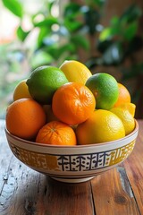 A bowl filled with oranges and limes placed on a table.