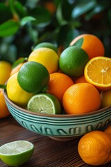 A ceramic bowl containing a vibrant assortment of lemons and limes sitting on a wooden table.