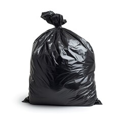 Black trash bag on a white background. The concept of waste disposal and cleanliness.