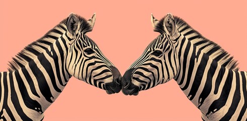 Two zebras on a pink background, touching muzzles. The concept of the animal world and unity.