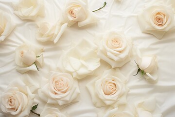 A collection of white roses laid across a bed, creating a visually pleasing arrangement.