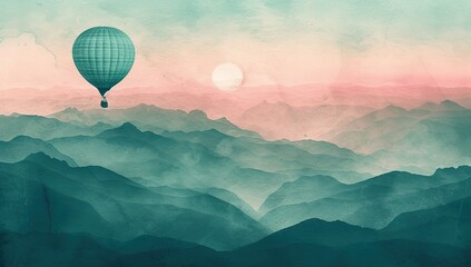 Hot air balloon over a mountainous landscape at sunset. The concept of travel and adventure.