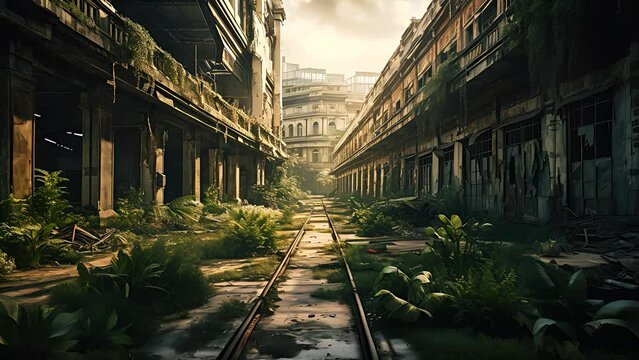 Abandoned post apocalyptic city surrounded by many plants. Created with Generative AI.