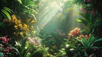 Obraz na płótnie Canvas A forest with bright tropical flowers and sunbeams piercing through the foliage. The concept of a tropical paradise.