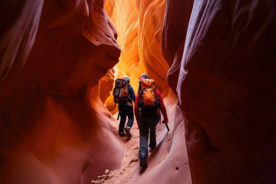 Canyoneering Adventure: Explorers Descending into a Deep Slot Canyon.