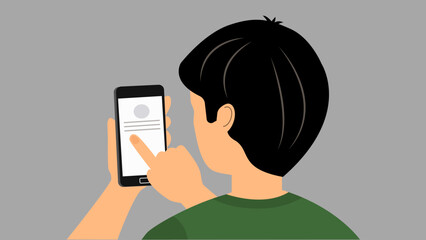 The man with the phone is a rear view. The guy looks at the phone and runs his finger over the phone screen