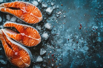 Raw salmon steaks on ice, top view.