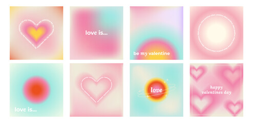 Set of Y2k Trendy Aesthetic abstract gradient pink violet background with translucent aura irregular shapes blurred pattern. Social media valentines day poster, stories highlight templates 