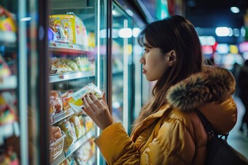 Woman selecting frozen food from supermarket freezer