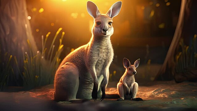 Kangaroo with the baby, cartoon style. Created with Generative AI.