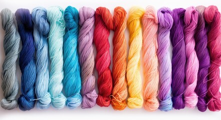 A vibrant display of diverse skeins of yarn lined up in a neat row, showcasing a variety of colors. - obrazy, fototapety, plakaty