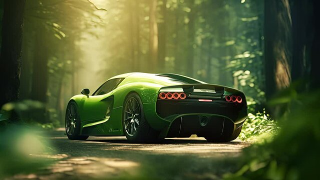green color luxury car on the forest road. Created with generative AI.	