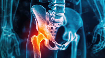 close-up, hip pain, human pelvis and hip arthritis, gout, rheumatoid arthritis, blue bone shot, red inflammation - obrazy, fototapety, plakaty