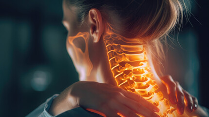 pain in the neck, red-hot spine, girl massaging with her hands, close-up - obrazy, fototapety, plakaty