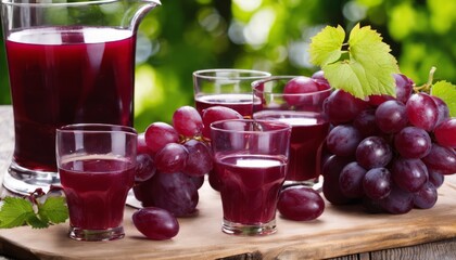 A bunch of grapes and glasses of juice