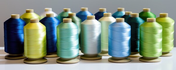 A photograph capturing a straight line of various colored spools of thread neatly arranged.